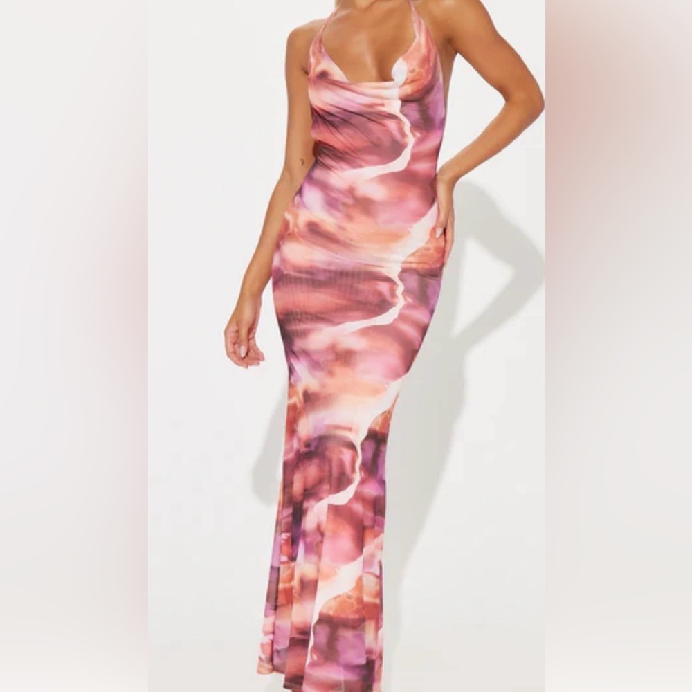 Nwt Fashion Nova Mesh Maxi Halter Dress Pink Sz Large
